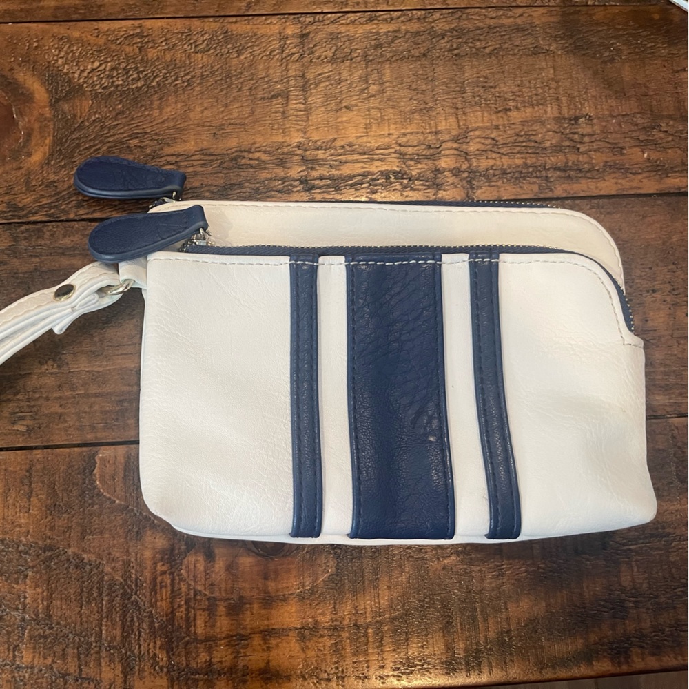Blue and White Leather Wristlet